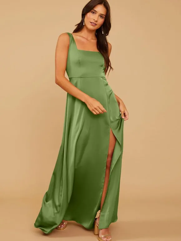 Robes de demoiselle d'honneur ligne a longueur au sol fermeture éclair tissu satiné robe de soirée de mariage