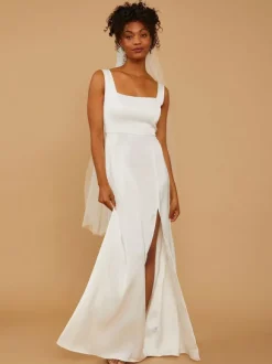 Robes de demoiselle d'honneur ligne a longueur au sol fermeture éclair tissu satiné robe de soirée de mariage