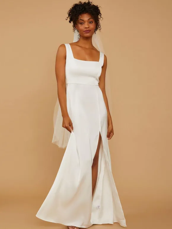 Robes de demoiselle d'honneur ligne a longueur au sol fermeture éclair tissu satiné robe de soirée de mariage