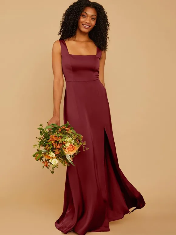 Robes de demoiselle d'honneur ligne a longueur au sol fermeture éclair tissu satiné robe de soirée de mariage