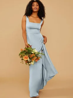 Robes de demoiselle d'honneur ligne a longueur au sol fermeture éclair tissu satiné robe de soirée de mariage