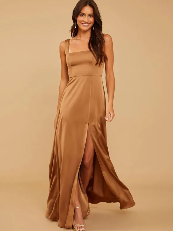 Robes de demoiselle d'honneur ligne a longueur au sol fermeture éclair tissu satiné robe de soirée de mariage