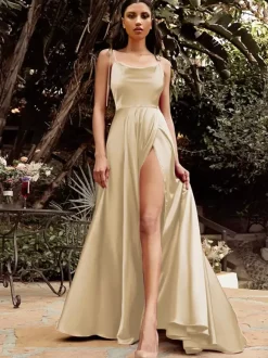 Robes de demoiselle d'honneur ligne a longueur au sol fermeture éclair tissu satiné robe de soirée de mariage