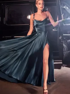 Robes de demoiselle d'honneur ligne a longueur au sol fermeture éclair tissu satiné robe de soirée de mariage
