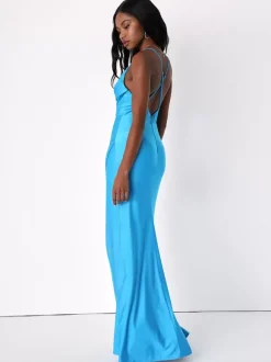 Robes de demoiselle d'honneur bretelles spaghetti dos nu fente haute robe longue pour fête de mariage