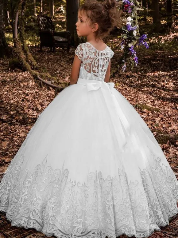 Robes de fille de fleur blanche Champagne Tulle manches courtes bijou cou robes de fille de fleur