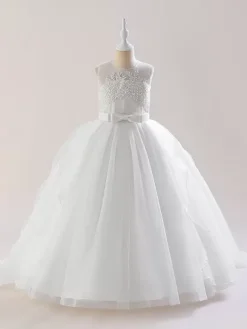 Robes de fille de fleur blanche Robes d'occasion spéciale Tulle blanc sans manches col bijou Robes de fille de fleur