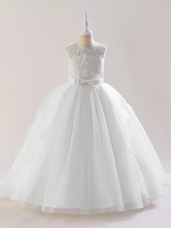 Robes de fille de fleur blanche Robes d'occasion spéciale Tulle blanc sans manches col bijou Robes de fille de fleur