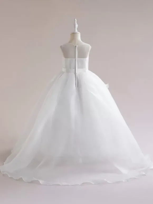 Robes de fille de fleur blanche Robes d'occasion spéciale Tulle blanc sans manches col bijou Robes de fille de fleur