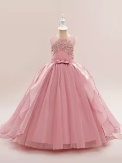 Robes de fille de fleur blanche Robes d'occasion spéciale Tulle blanc sans manches col bijou Robes de fille de fleur