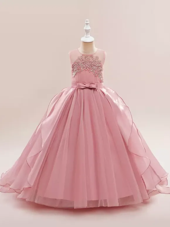 Robes de fille de fleur blanche Robes d'occasion spéciale Tulle blanc sans manches col bijou Robes de fille de fleur