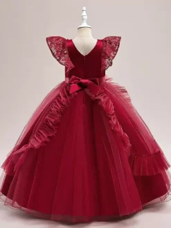 Robes de fille de fleur blanche robes d'occasion spéciale Tulle bordeaux manches courtes col bijou robes de fille de fleur