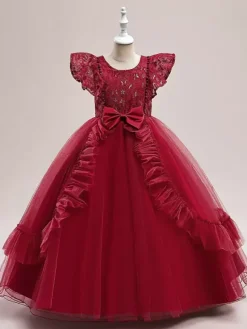Robes de fille de fleur blanche robes d'occasion spéciale Tulle bordeaux manches courtes col bijou robes de fille de fleur