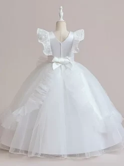Robes de fille de fleur blanche robes d'occasion spéciale Tulle bordeaux manches courtes col bijou robes de fille de fleur