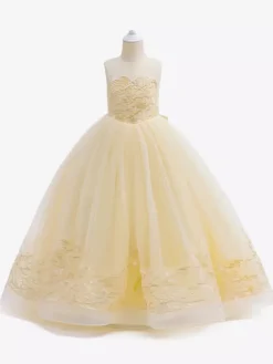 Robes de fille de fleur blanche Champagne dentelle sans manches bijou cou robes de fille de fleur