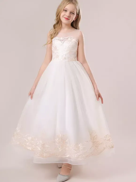 Robes de fille de fleur blanche Champagne dentelle sans manches bijou cou robes de fille de fleur