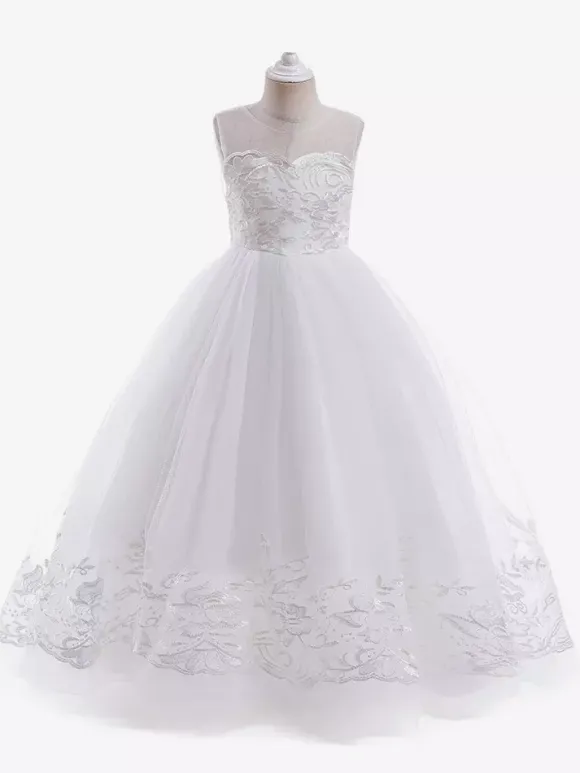 Robes de fille de fleur blanche Champagne dentelle sans manches bijou cou robes de fille de fleur