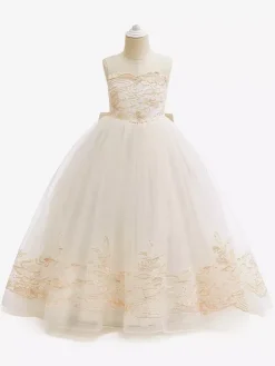 Robes de fille de fleur blanche Champagne dentelle sans manches bijou cou robes de fille de fleur