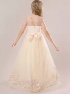 Robes de fille de fleur blanche Champagne dentelle sans manches bijou cou robes de fille de fleur