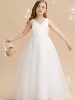 Robes de fille de fleur de mariage Robes d'occasion spéciale Ivoire Ceinture sans manches