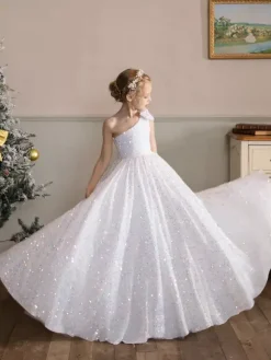 Robes de fille de fleur de mariage Robes d'occasion spéciale Paillettes blanches sans manches