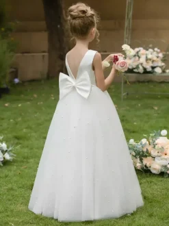 Robes de fille de fleur de mariage Robes d'occasion spéciale Arcs blancs sans manches