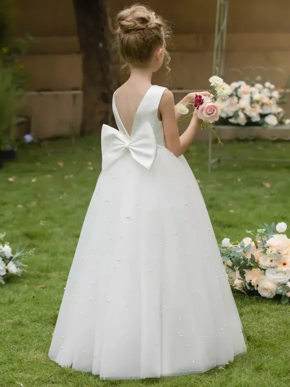 Robes de fille de fleur de mariage Robes d'occasion spéciale Arcs blancs sans manches
