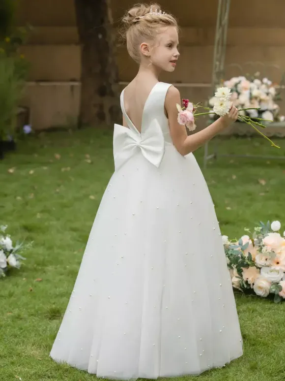 Robes de fille de fleur de mariage Robes d'occasion spéciale Arcs blancs sans manches