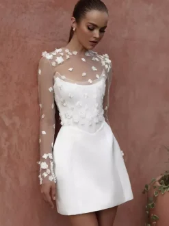 Robes de mariée courte deux pièces manches longues dentelle robe de mariée courte