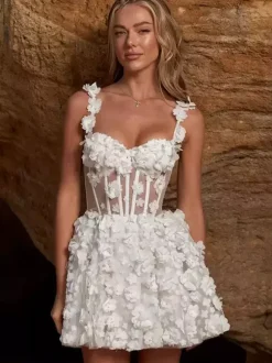 Robes de mariée courtes décolleté en c艙ur sans manches taille naturelle dentelle