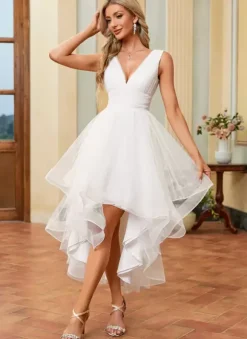 Robes de mariée courtes longueur cheville col en V sans manches coupe trapèze en tulle