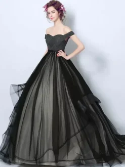 Robes de mariée gothique Robe de princesse silhouette sans manches Robe royale en dentelle robe de mariée
