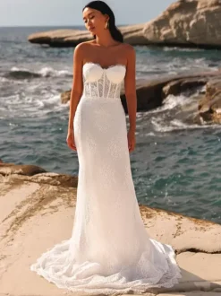 Robes de mariée longueur au sol sans manches en dentelle sans bretelles