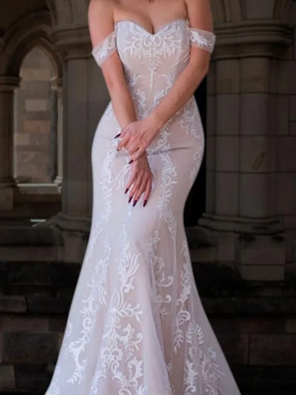 Robes de mariée sirène en dentelle rougeâtre hors de l'épaule bustier à traîne Robe de marige