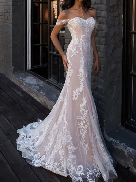 Robes de mariée sirène en dentelle rougeâtre hors de l'épaule bustier à traîne Robe de marige