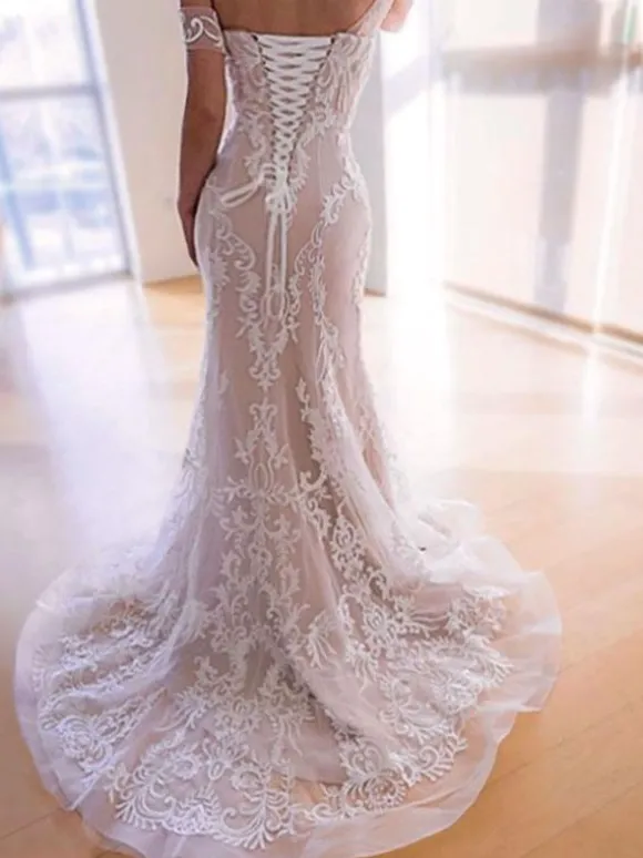Robes de mariée sirène en dentelle rougeâtre hors de l'épaule bustier à traîne Robe de marige