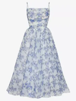 Robes De Soirée Bleu Ciel Clair Bretelles Plissé Fleurie Robe Semi-Formelle Longue