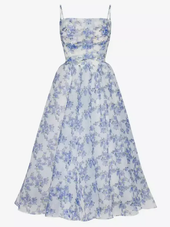 Robes De Soirée Bleu Ciel Clair Bretelles Plissé Fleurie Robe Semi-Formelle Longue