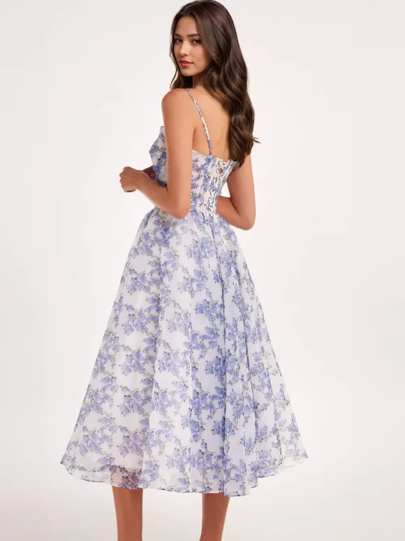 Robes De Soirée Bleu Ciel Clair Bretelles Plissé Fleurie Robe Semi-Formelle Longue