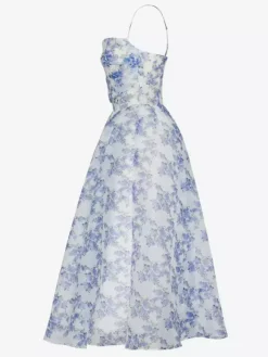 Robes De Soirée Bleu Ciel Clair Bretelles Plissé Fleurie Robe Semi-Formelle Longue