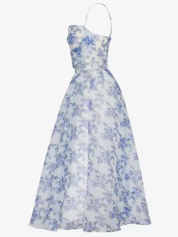 Robes De Soirée Bleu Ciel Clair Bretelles Plissé Fleurie Robe Semi-Formelle Longue