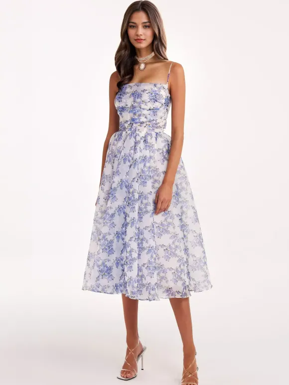 Robes De Soirée Bleu Ciel Clair Bretelles Plissé Fleurie Robe Semi-Formelle Longue