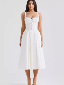 Robes De Soirée Bretelles Blanches Col À Lacets Robe Semi-Formelle Plissée