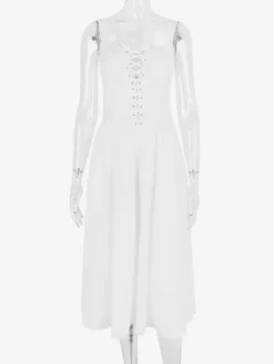 Robes De Soirée Bretelles Blanches Col À Lacets Robe Semi-Formelle Plissée