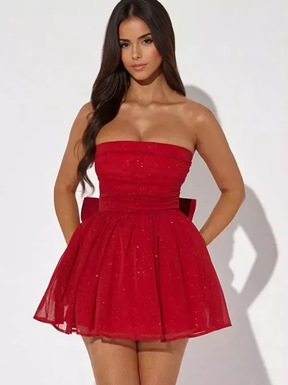 Robes De Soirée Courte Robe Semi-Formelle Sans Bretelles Avec N艙uds En Tulle