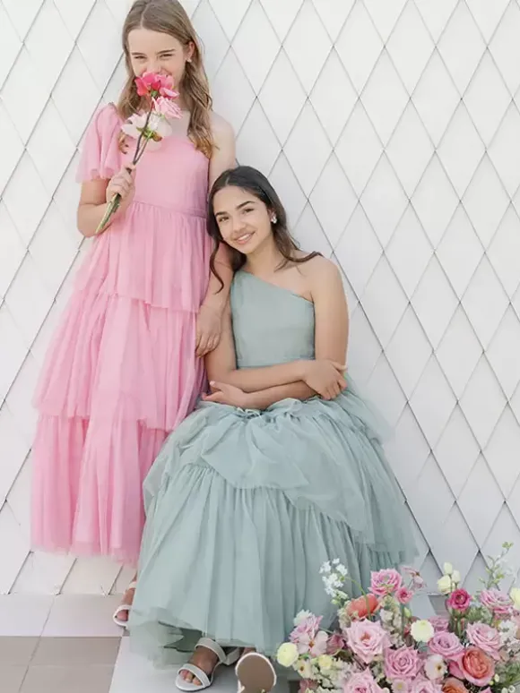 Robes de soirée de mariage Belles enfants robe de soirée sociale mariage robe de fille de fleur de mariage robes de fille de fleur sans manches à plusieurs niveaux gris clair