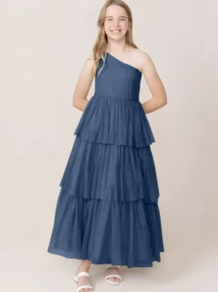 Robes de soirée de mariage Belles enfants robe de soirée sociale mariage robe de fille de fleur de mariage robes de fille de fleur sans manches à plusieurs niveaux gris clair