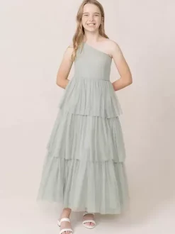 Robes de soirée de mariage Belles enfants robe de soirée sociale mariage robe de fille de fleur de mariage robes de fille de fleur sans manches à plusieurs niveaux gris clair