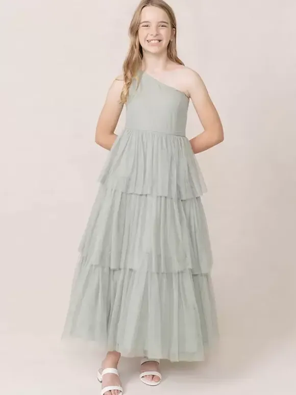 Robes de soirée de mariage Belles enfants robe de soirée sociale mariage robe de fille de fleur de mariage robes de fille de fleur sans manches à plusieurs niveaux gris clair