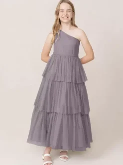 Robes de soirée de mariage Belles enfants robe de soirée sociale mariage robe de fille de fleur de mariage robes de fille de fleur sans manches à plusieurs niveaux gris clair